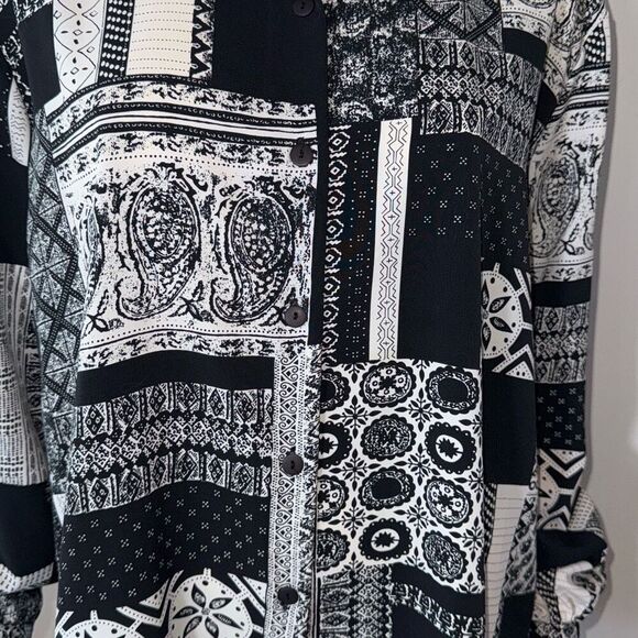 Vintage 90’s Alia Black And White Patchwork Print Oversized Button Down Shirt Wo - Picture 2 of 8